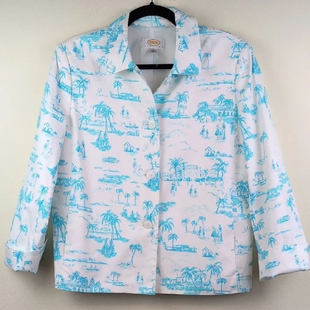 Talbots Turquoise & White Tropical Toile Print Blazer Button Front Lined Jacket